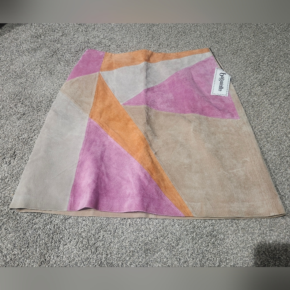 bagatelle Colorblock Suede Asymmetrical Mini Skirt in Pink, Tan & Orange